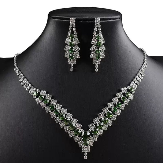Luxury Crystal Necklace & Earrings Set – Bridal & Party Jewellery (Green, Clear, Blue, Black)
