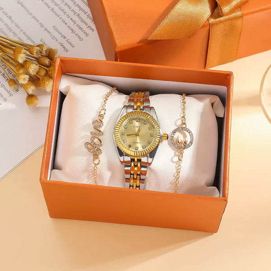 Women’s Two-Tone Quartz Watch with Crystal Bracelet Set with Box