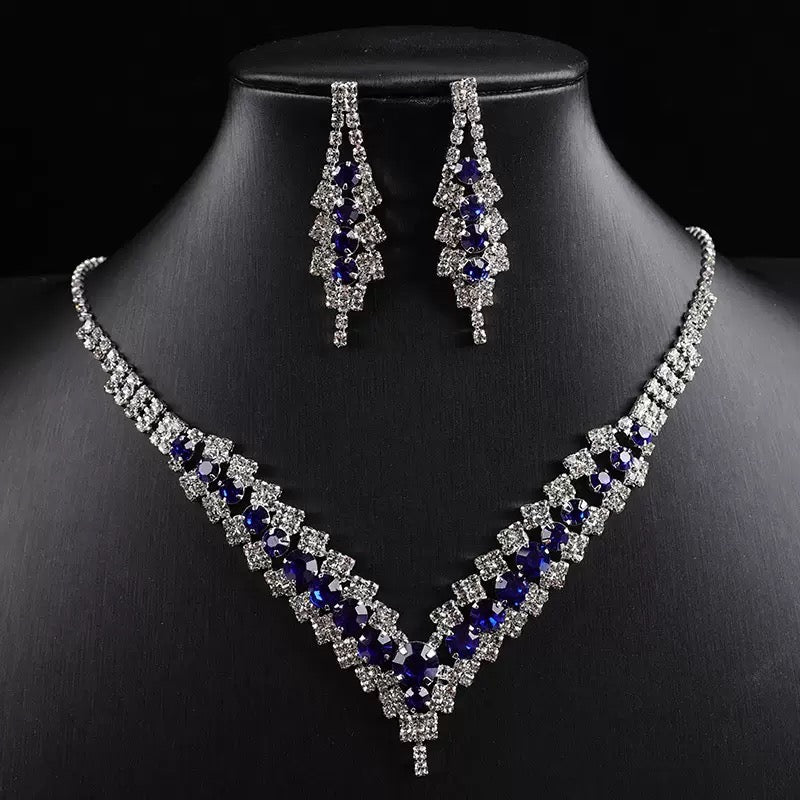 Luxury Crystal Necklace & Earrings Set – Bridal & Party Jewellery (Green, Clear, Blue, Black)
