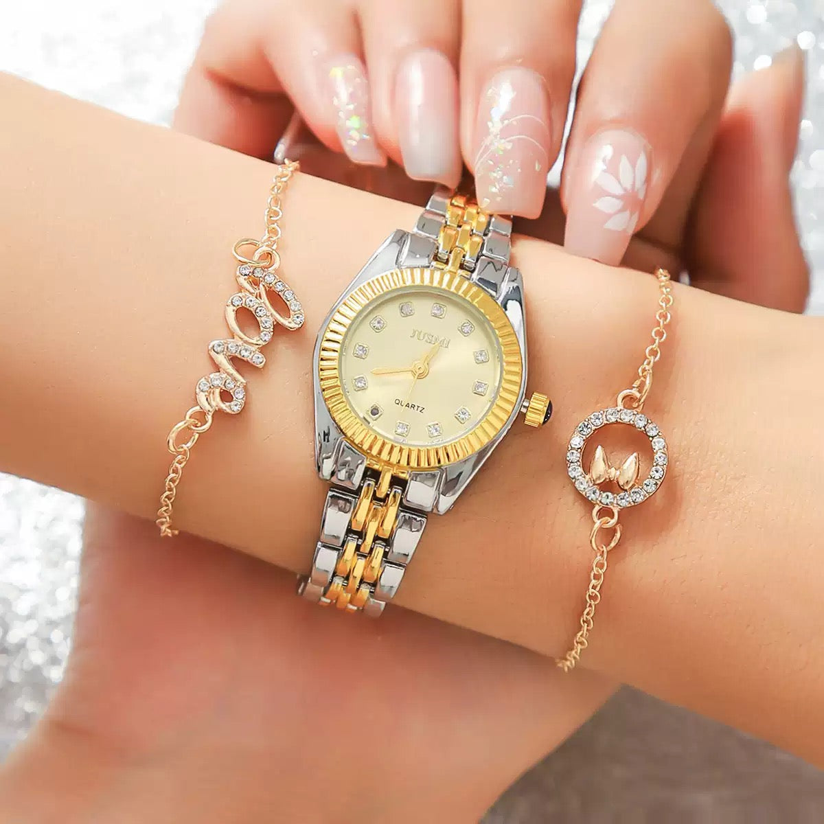 Women’s Two-Tone Quartz Watch with Crystal Bracelet Set with Box