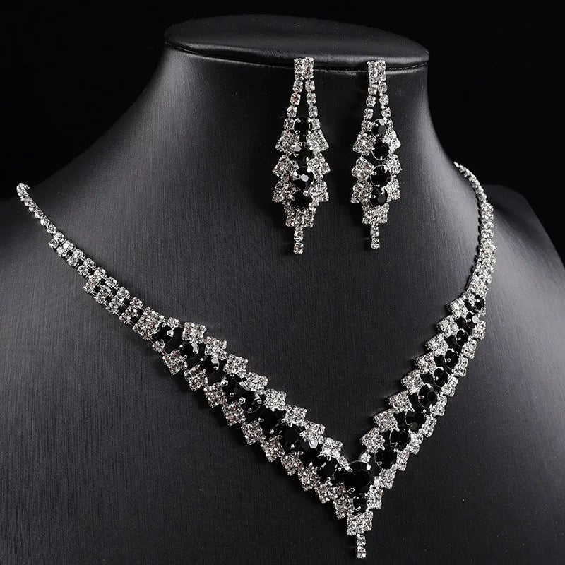 Luxury Crystal Necklace & Earrings Set – Bridal & Party Jewellery (Green, Clear, Blue, Black)