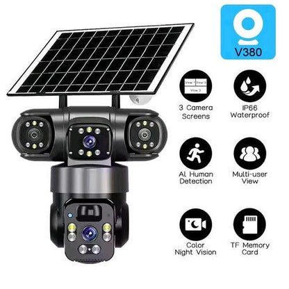 New 2026 V380, 3 lens, 4G/5G Sim card, 9MP human detection 2 way audio night vision, motion sensor, battery backup cctv camera
