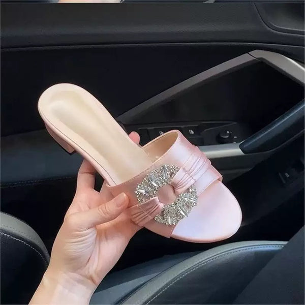 2025 New Hot Style Stunning Rhinestone Buckle Thick Heel Slippers