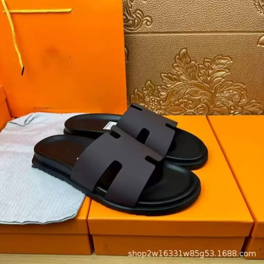 Hermes Men Classic Leather Slide Sandals