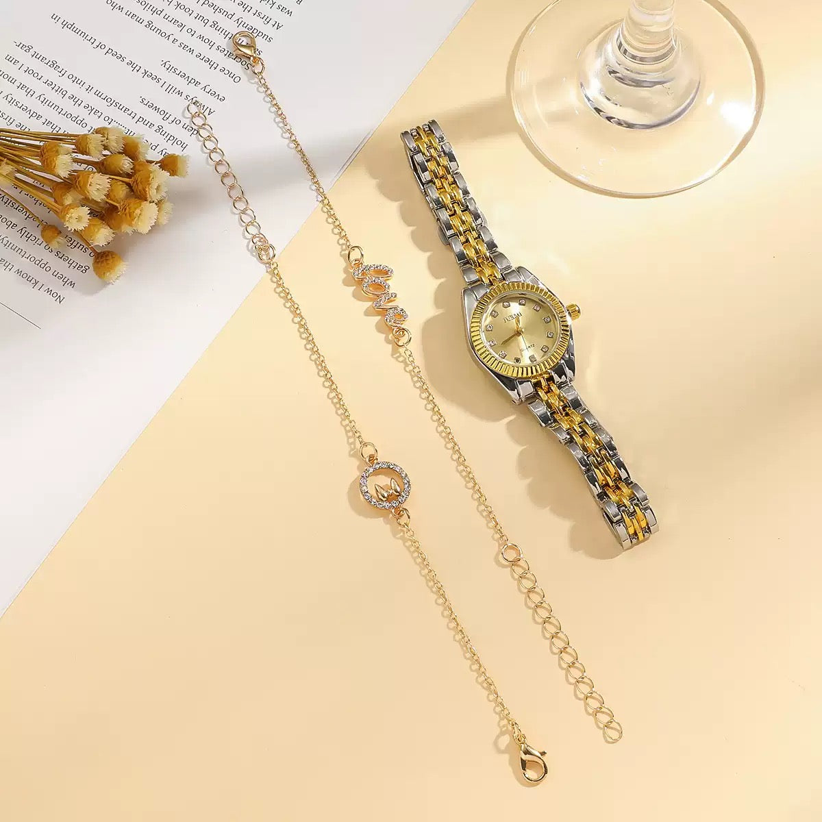 Women’s Two-Tone Quartz Watch with Crystal Bracelet Set with Box