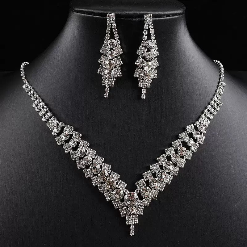 Luxury Crystal Necklace & Earrings Set – Bridal & Party Jewellery (Green, Clear, Blue, Black)