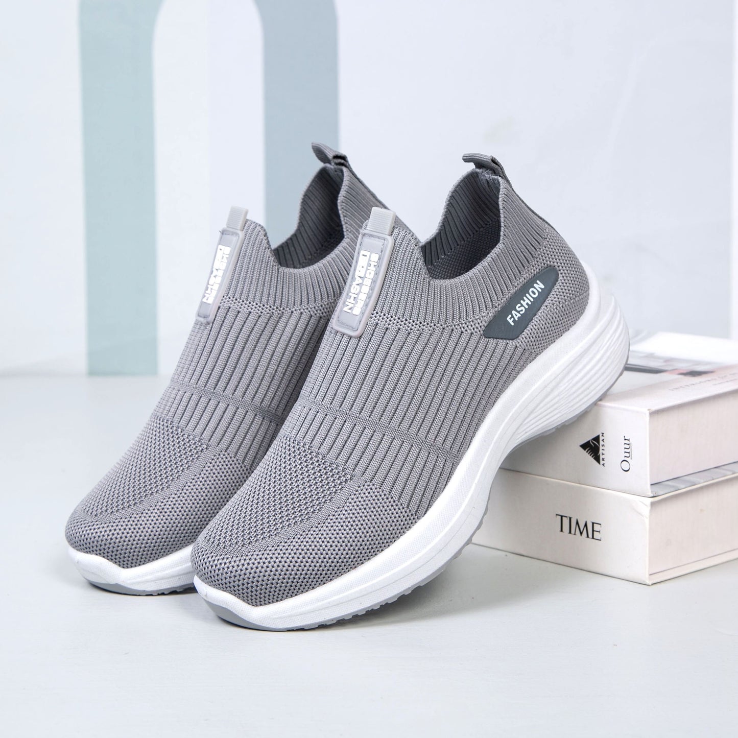 Breathable Grey Knit Slip-On Sneakers