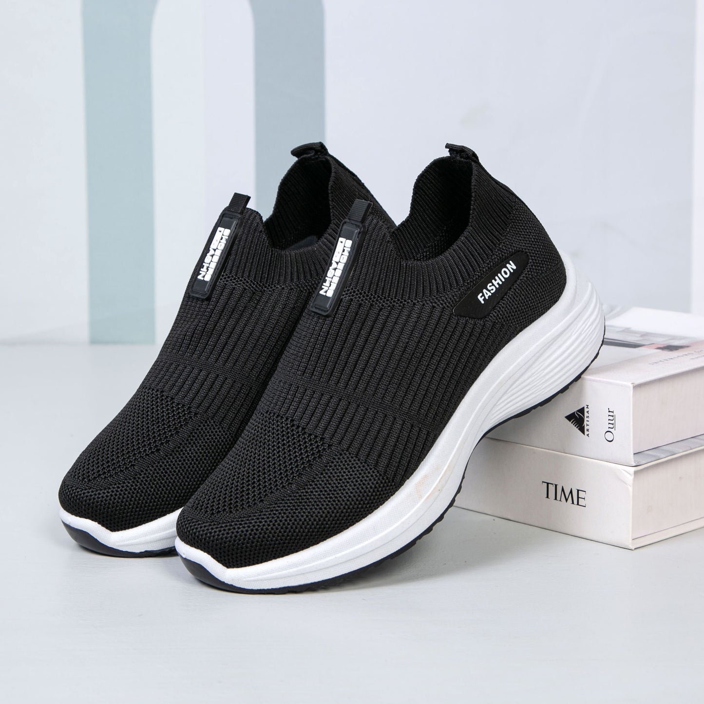 Breathable Grey Knit Slip-On Sneakers