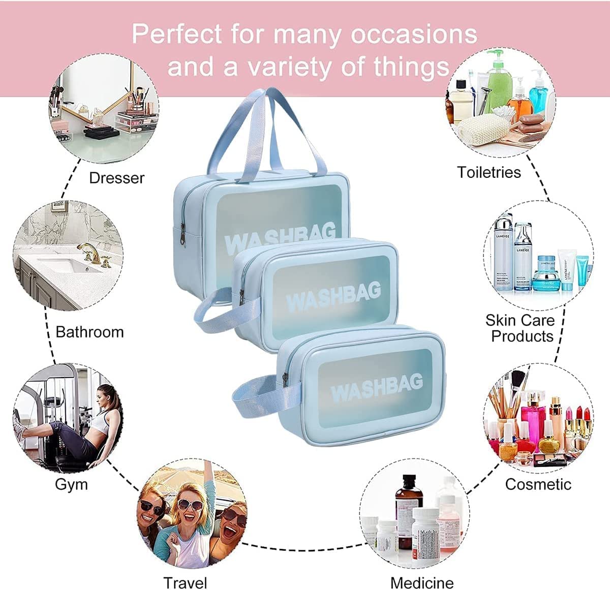 3-in-1 Transparent Travel Wash Bag Set – Waterproof Toiletry & Makeup Pouches for Women, Men & Kids