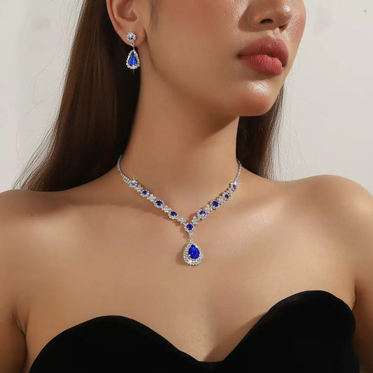 Bridal Jewelry Women's Set Cross-Border European and American Crystal Water Drop Necklace Earrings Two-Piece Set