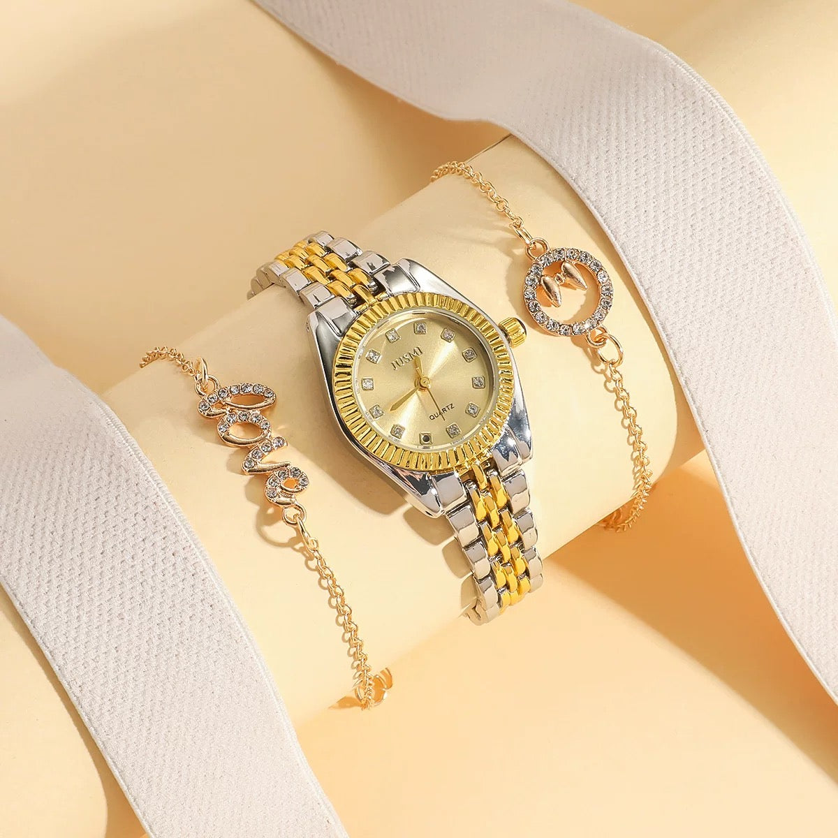 Women’s Two-Tone Quartz Watch with Crystal Bracelet Set with Box