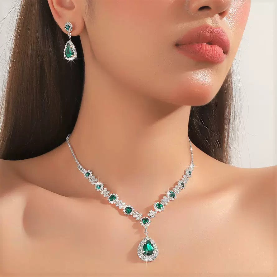 Bridal Jewelry Women's Set Cross-Border European and American Crystal Water Drop Necklace Earrings Two-Piece Set