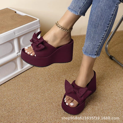 Sweet Bow-Knot Lycra Slippers, Thick-Soled Wedge Heel Open-Toe Sandals