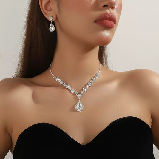 Bridal Jewelry Women's Set Cross-Border European and American Crystal Water Drop Necklace Earrings Two-Piece Set