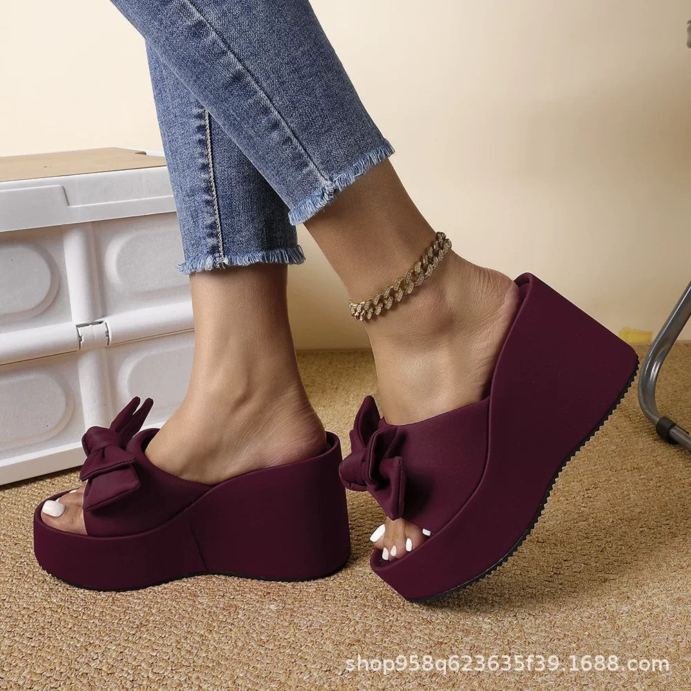Sweet Bow-Knot Lycra Slippers, Thick-Soled Wedge Heel Open-Toe Sandals