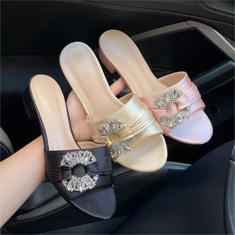 2025 New Hot Style Stunning Rhinestone Buckle Thick Heel Slippers