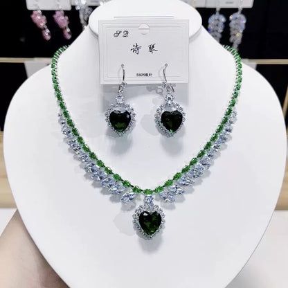 Luxury Emerald Green Crystal Necklace & Earrings Set – S925 Silver