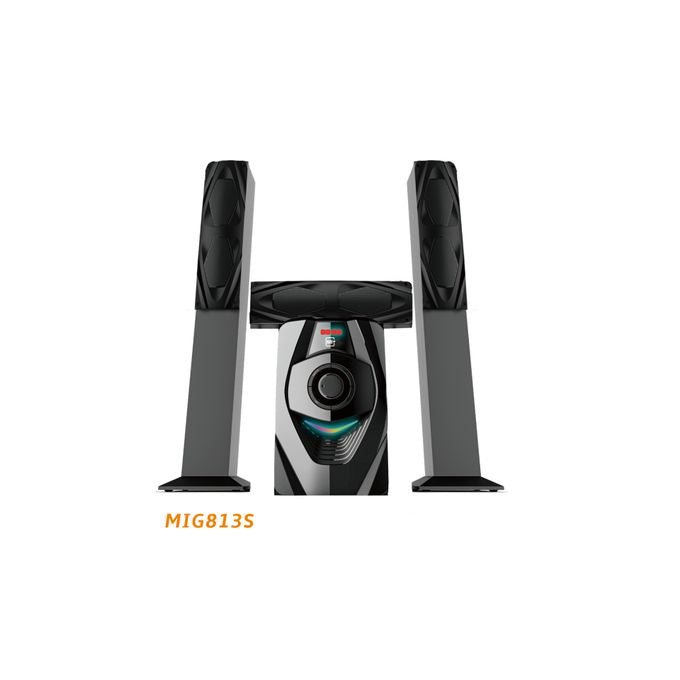 New Mi+ 3.1CH Home Theater System – MIG813S Powerful Subwoofer + 3 Satellites – Bluetooth, USB, FM, MP3 – LED Light– Wooden Cabinet