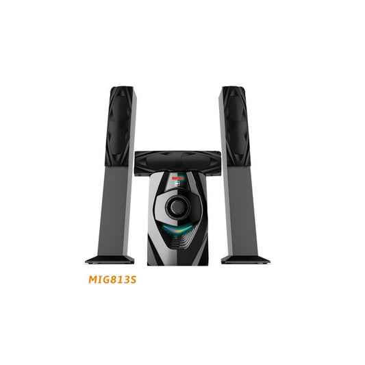 New Mi+ 3.1CH Home Theater System – MIG813S Powerful Subwoofer + 3 Satellites – Bluetooth, USB, FM, MP3 – LED Light– Wooden Cabinet