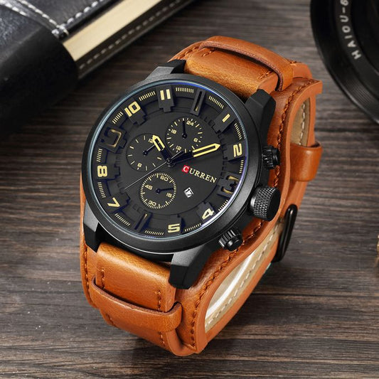 Exotic Leather Strap Military Sports Men Watch-Coffee Brown
