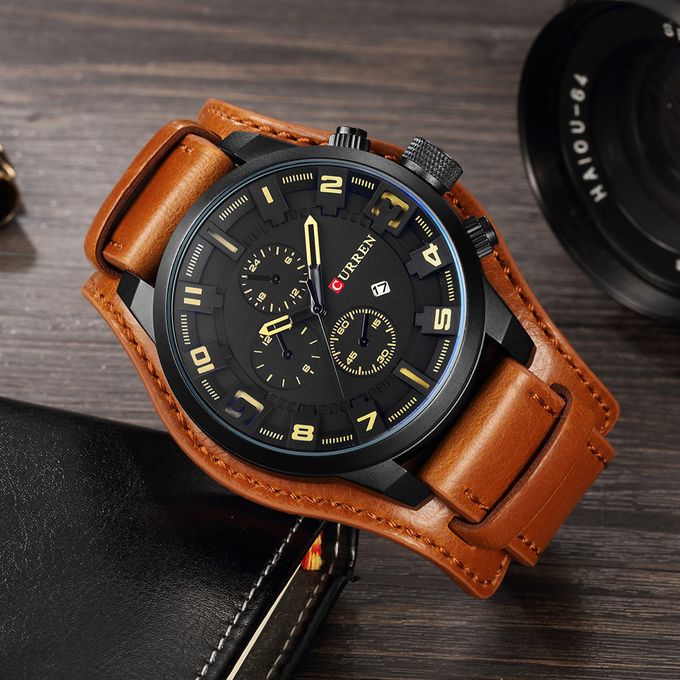 Exotic Leather Strap Military Sports Men Watch-Coffee Brown