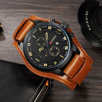 Exotic Leather Strap Military Sports Men Watch-Coffee Brown
