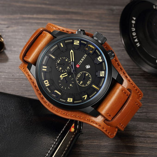 Exotic Leather Strap Military Sports Men Watch-Coffee Brown