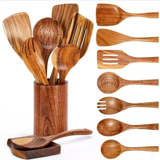 Wooden Kitchen Utensil Set with Holder