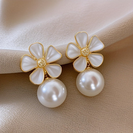White Enamel Flower Beaded Stud Earrings, High-Quality Jewelry