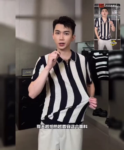 Men’s Striped Zip Polo Shirt  (Premium Knit)